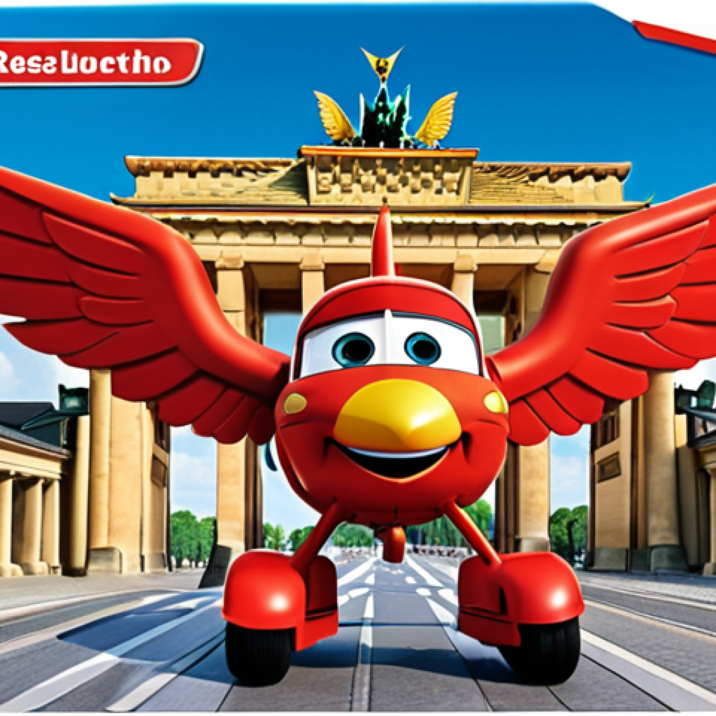 **

A vibrant and engaging Super Wings puzzle featuring Jett and his friends soaring around a recognizable German landmark like the Brandenburg Gate. The puzzle pieces should appear large and easy to handle, scattered on a play mat, with a child's hand reaching to place a piece. Emphasize bright, cheerful colors and a sense of fun and learning.

**