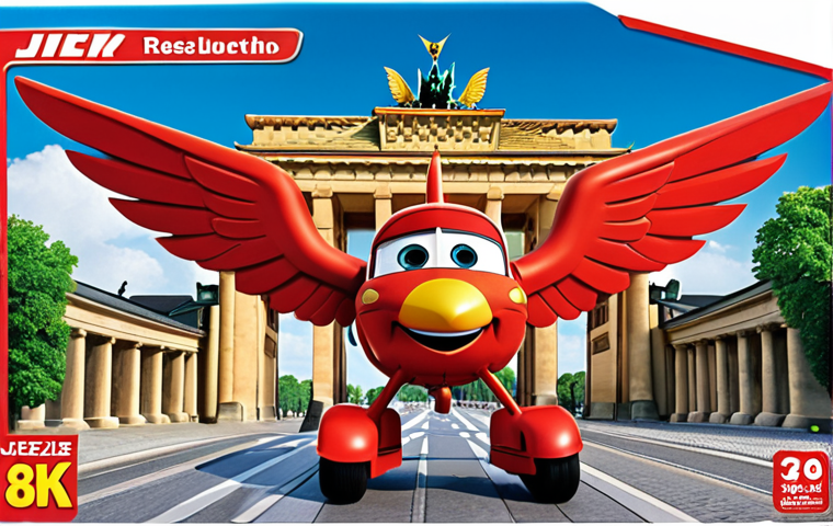 **
A vibrant and engaging Super Wings puzzle featuring Jett and his friends soaring around a recognizable German landmark like the Brandenburg Gate. The puzzle pieces should appear large and easy to handle, scattered on a play mat, with a child's hand reaching to place a piece. Emphasize bright, cheerful colors and a sense of fun and learning.
**